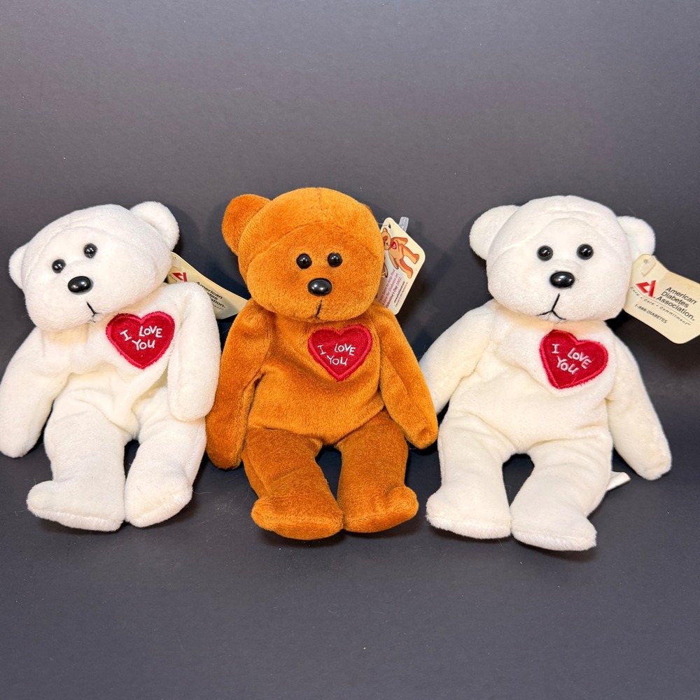 Plushland Hugs Kisses Teddy Bear Set 3 American Diabetes Association 2002 8 Inch